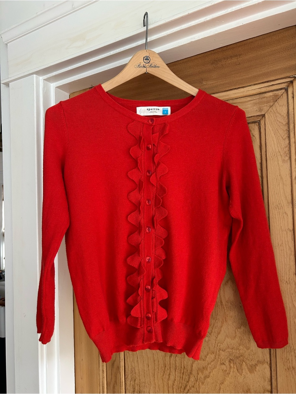 sparrow Bright Red Ruffle-Trim Button Cardigan